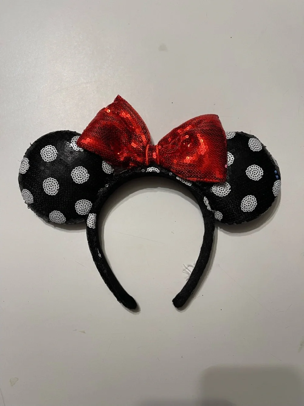 Disney Park Minnie Mouse Sequin Polka Dot Ear Headband Red Bow Costume Accessory